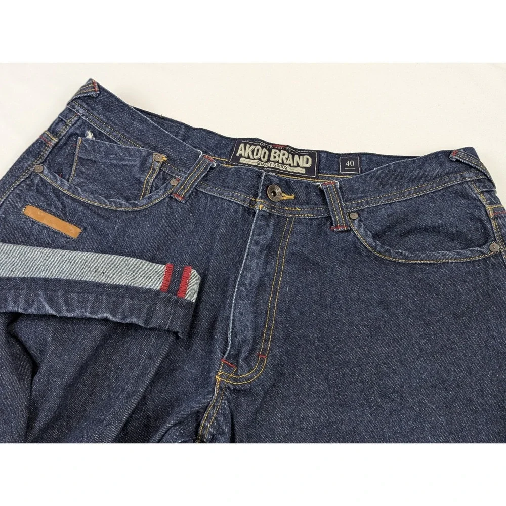 Akoo Jeans Selvedge Denim Dark Mens‎ 40x30 Blue Wide Embroidered Western - Picture 8 of 12